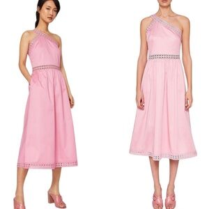 LN Ted Baker Kallii Dusky Pink Poplin Crochet One Shoulder A-Line Midi Dress - 0